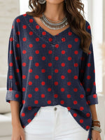 Women's Retro Dots Print Casual Denim Shirt