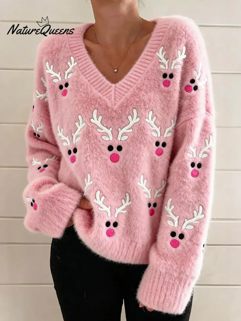 Women's Christmas Deer Art Print Casual Cotton Sweater