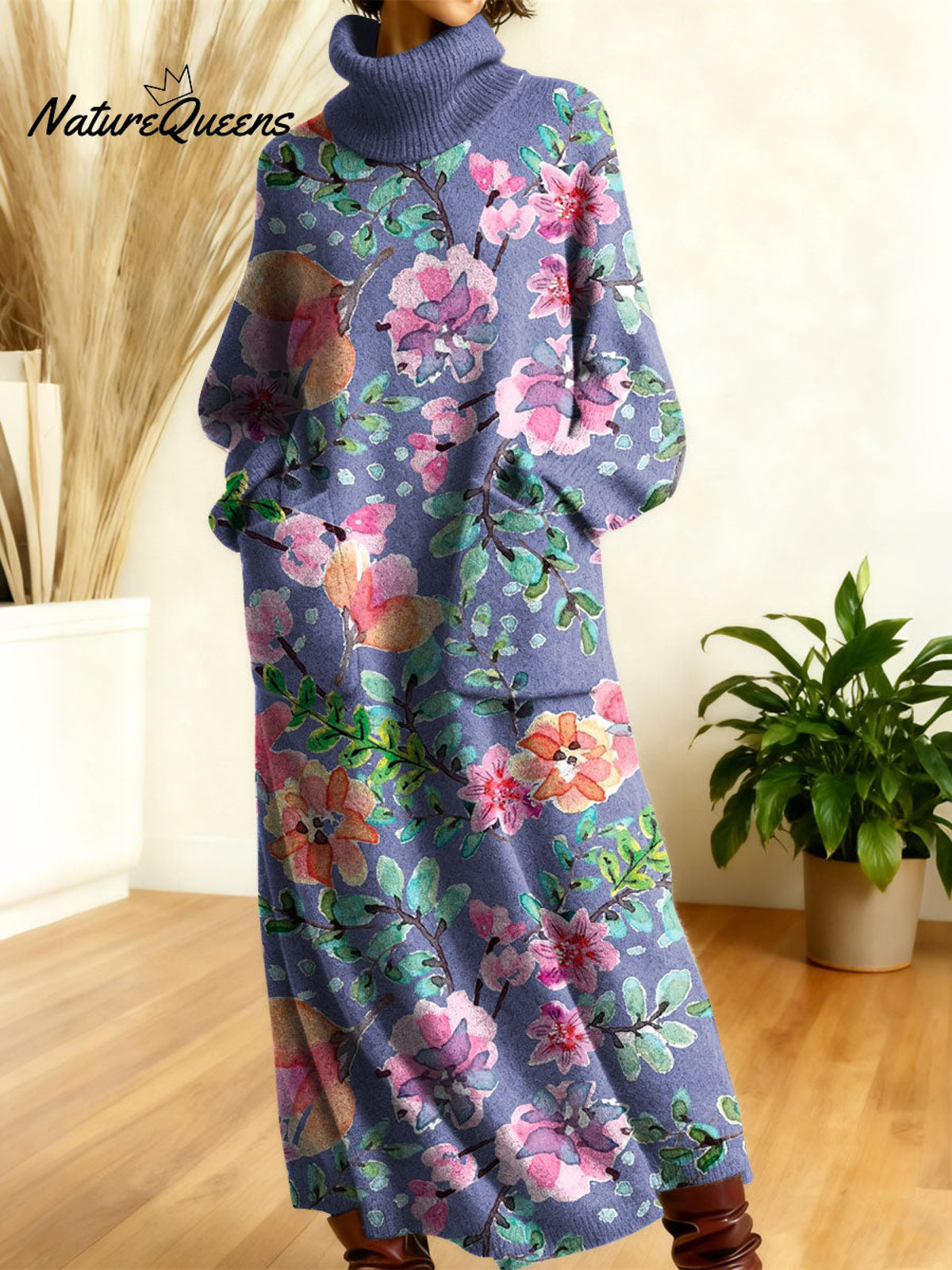 Women's Retro Flowers Geometric Patchwork High-neck Long-sleeve Casual Loose Knit Dress