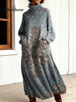 Women's Vintage Flower Art Print Casual Cotton Knitted Dress