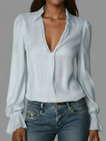 Women's Solid Color V-neck Long-sleeved Casual Loose Cotton Top