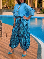 Casual Ruffled Cotton Shirt and Artistic Print Trousers Two-Piece Set