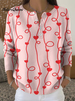 Valentine's Day Heart-shaped Curve Decorative Pattern Casual Cardigan Collar Long Sleeve Sweater