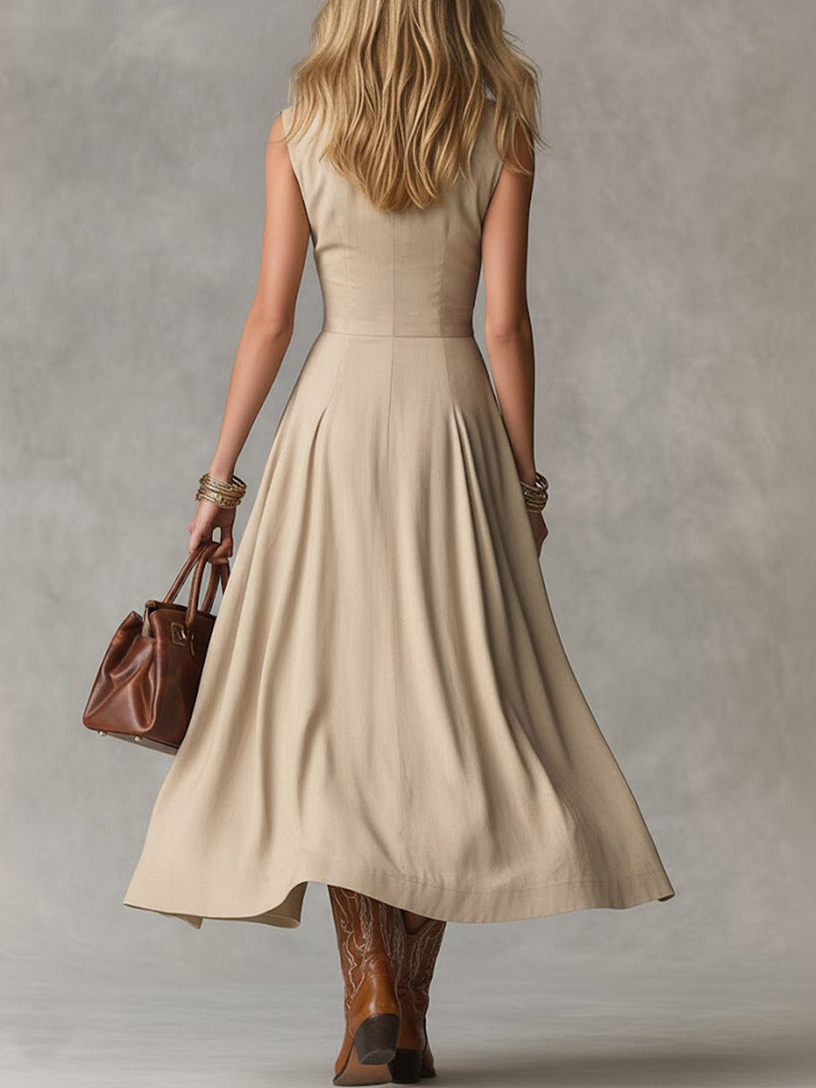 Women's Solid Color Collared Sleeveless Casual Loose Cotton Linen Dress