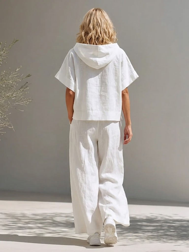Women's Casual Simple Style Hoodie And Wide-leg Pants Cotton-linen Set