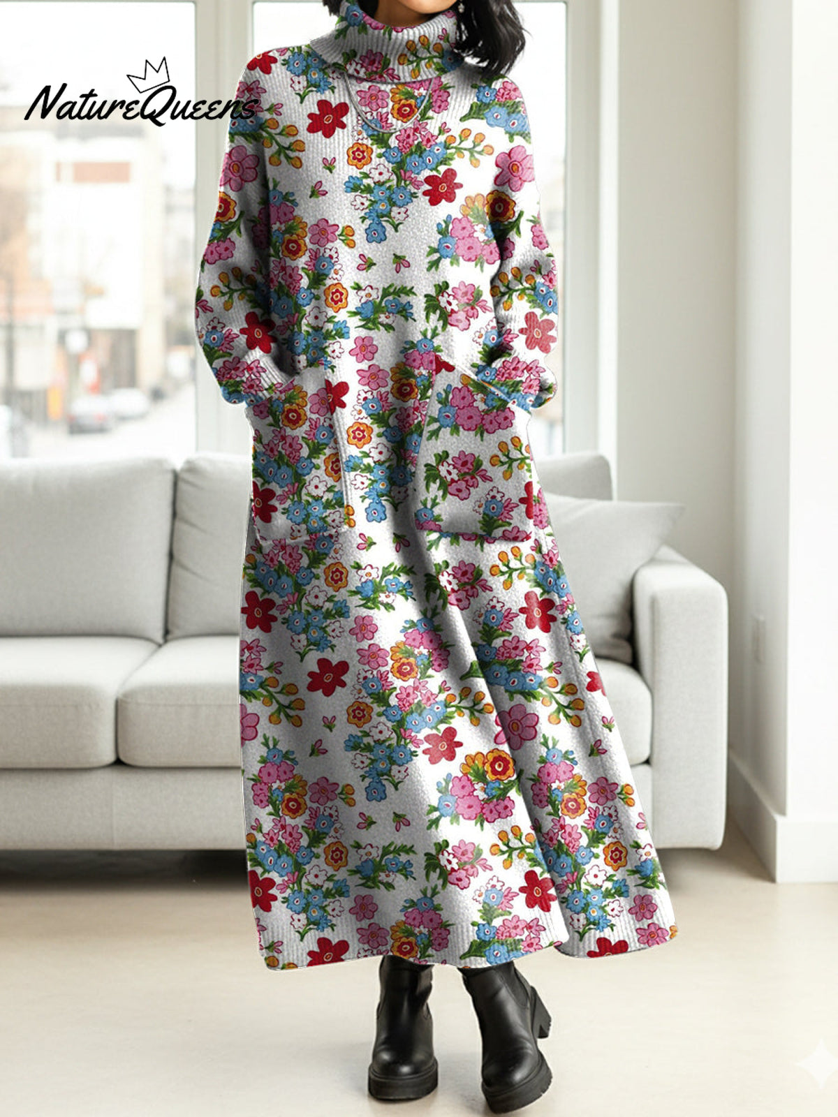 Women's Artistic Vintage Flowers Casual Cotton Knitted Dress