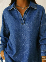 Casual Sparkling Polo-neck Denim Shirt Top