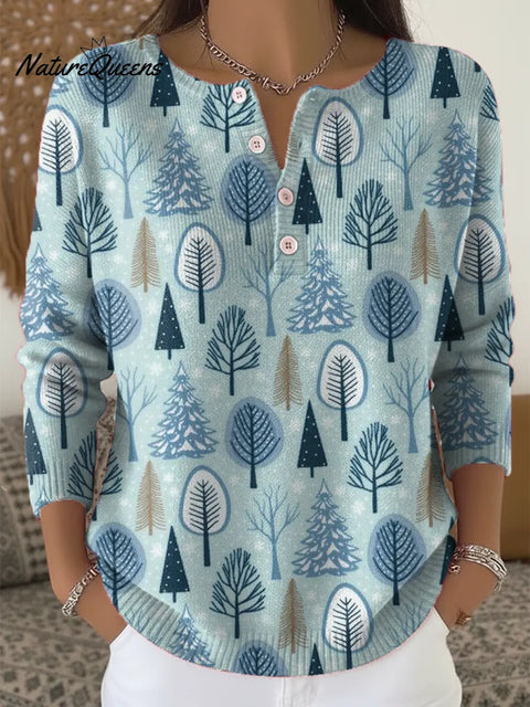Women's Christmas Tree Art Print Buttoned Cardigan Sweater