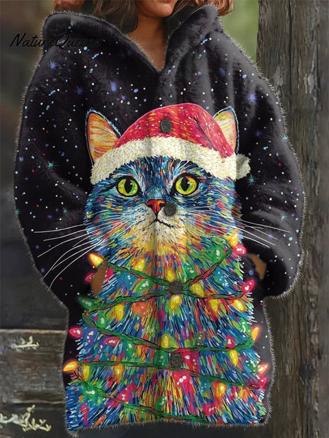 Women's Cute Christmas Cat Art Print Casual Plush Warm Coat