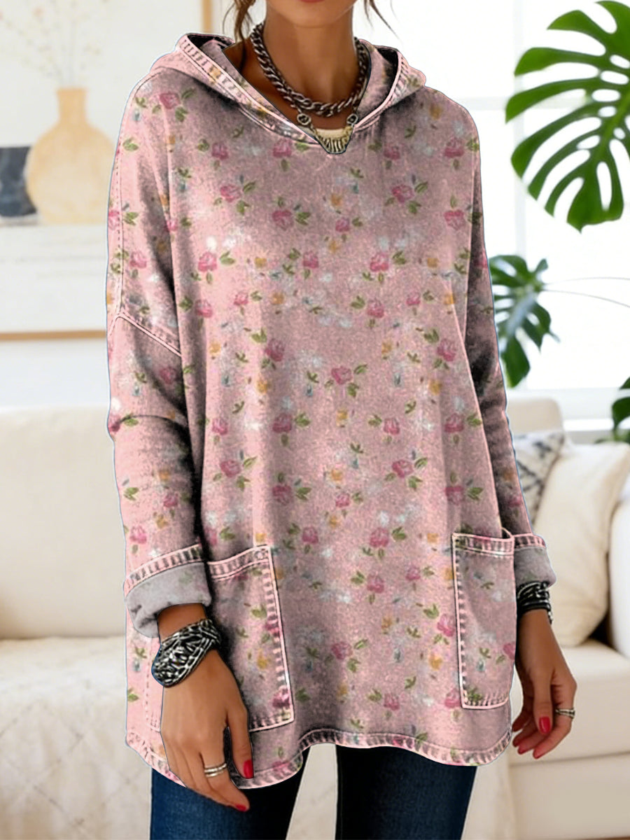 Women's Elegant Floral Decorative Patterns Casual Long Sleeve Denim Hooded Shirt