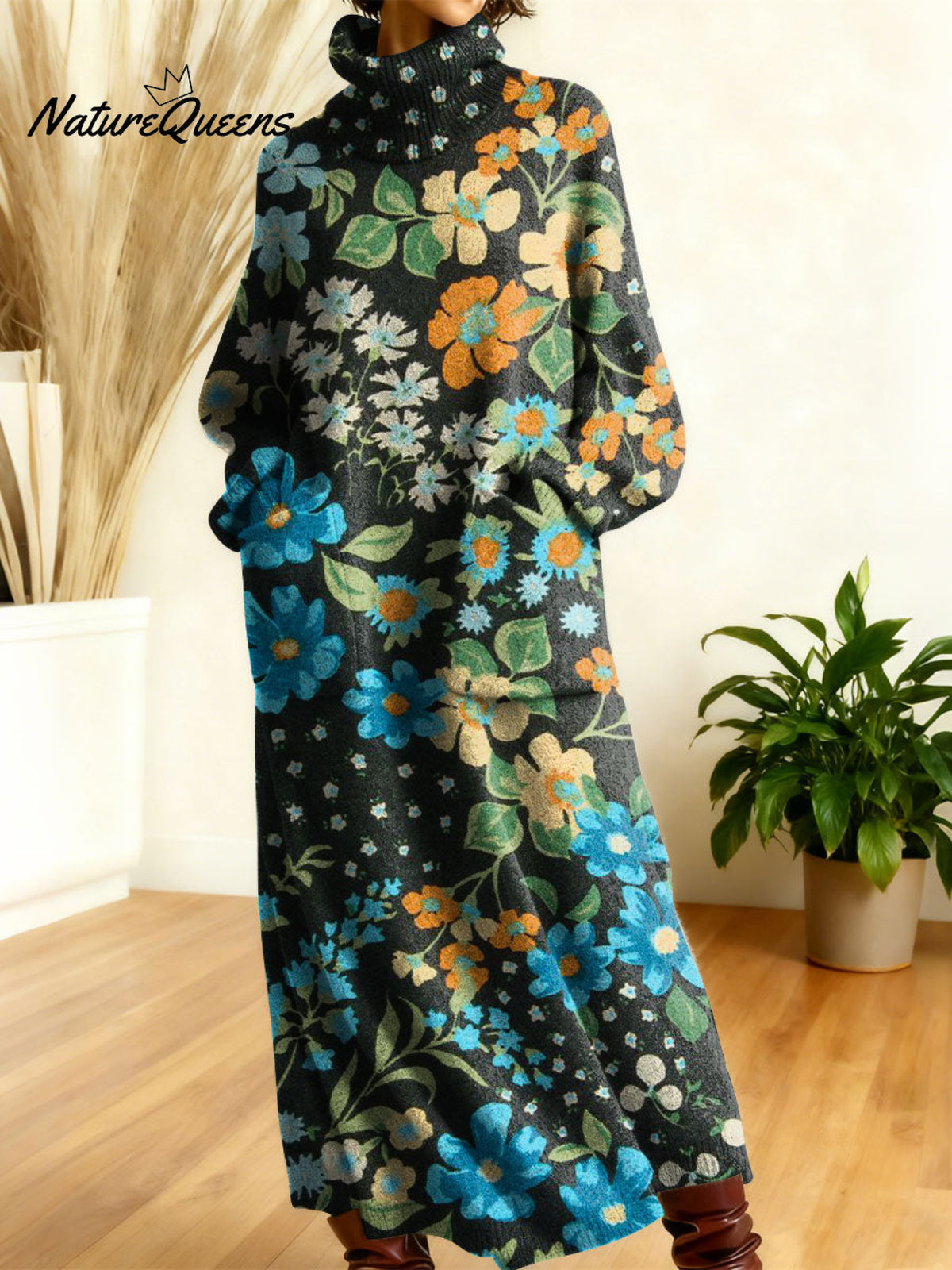 Women's Retro Floral Flowers High-neck Long-sleeve Casual Loose Knit Dress