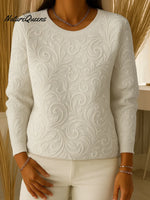 Women's Solid Color Round Neck Long Sleeve 3D Embossed Print Knit Top