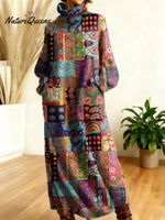 Women's Retro Color Flowers Gradient High-neck Long-sleeve Casual Loose Knit Dress