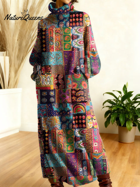 Women's Retro Color Flowers Gradient High-neck Long-sleeve Casual Loose Knit Dress