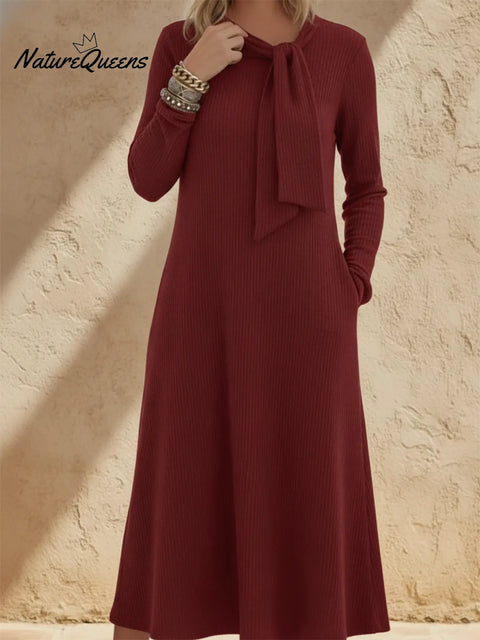 Elegant Ribbon Tie-neck Knit Midi Dress