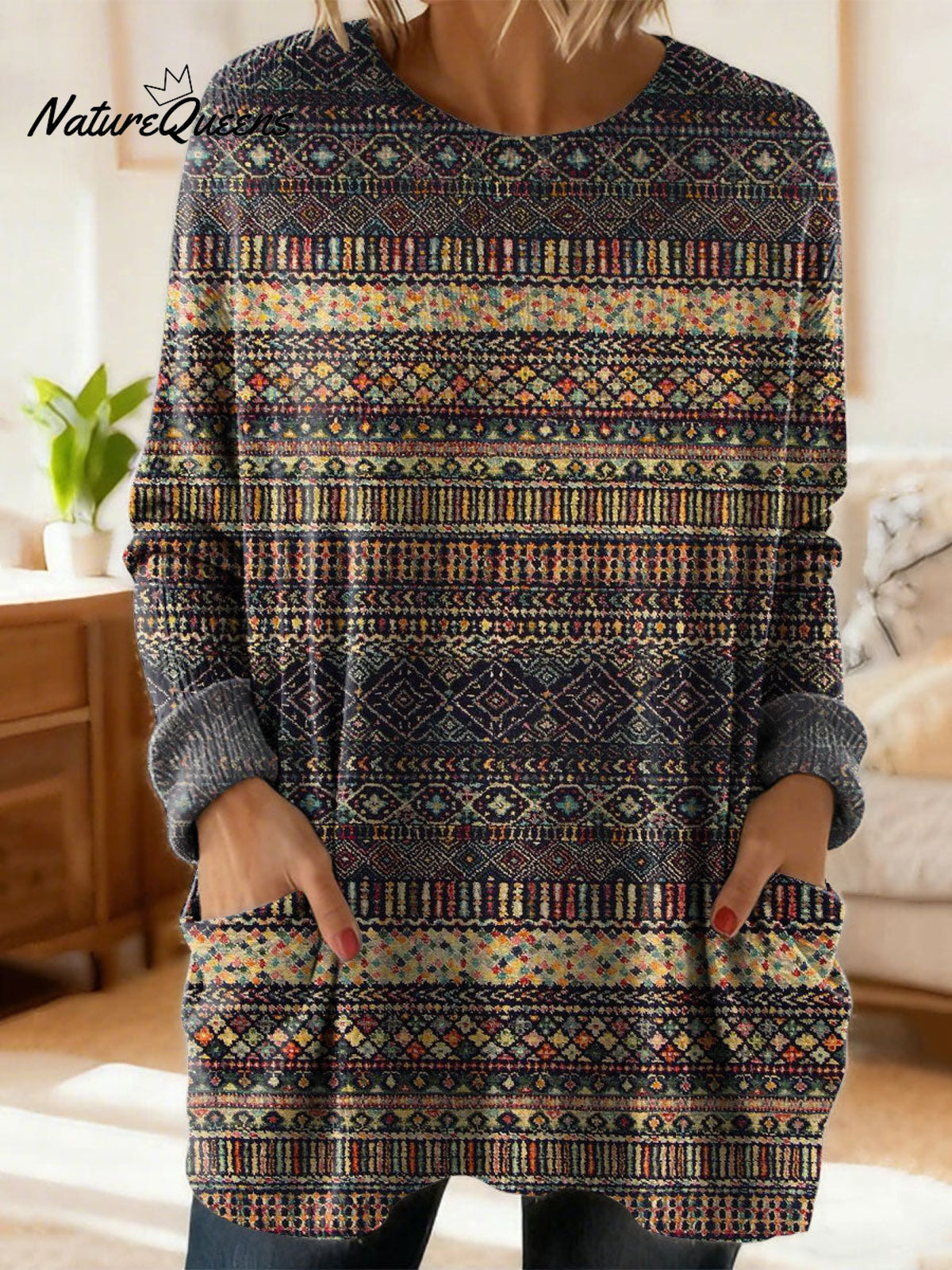 Women's Retro Abstract Pattern Art Print Casual Cotton Knitted Sweater