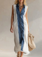 Women's Shirt Collar Sleeveless Casual Loose Denim And Cotton-linen Blend Dress