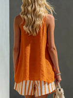 Women's Orange Cotton-linen Vest And Striped Shorts Set