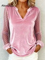 Women's V-neck Lace Patchwork Long-sleeved Velvet Top T-shirt