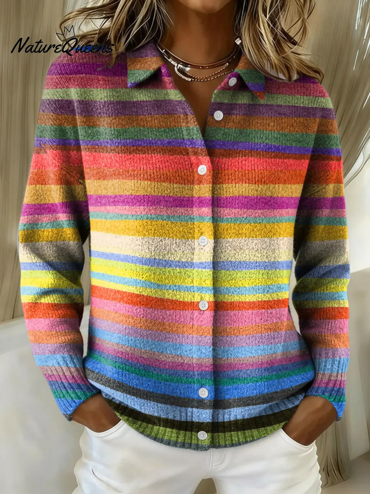 Women's Retro Colorful Horizontal Stripes Printed Collared Sweater
