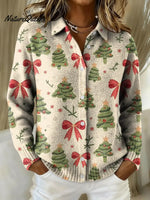 Women's Cute Bow Christmas Tree Printed Collared Sweater