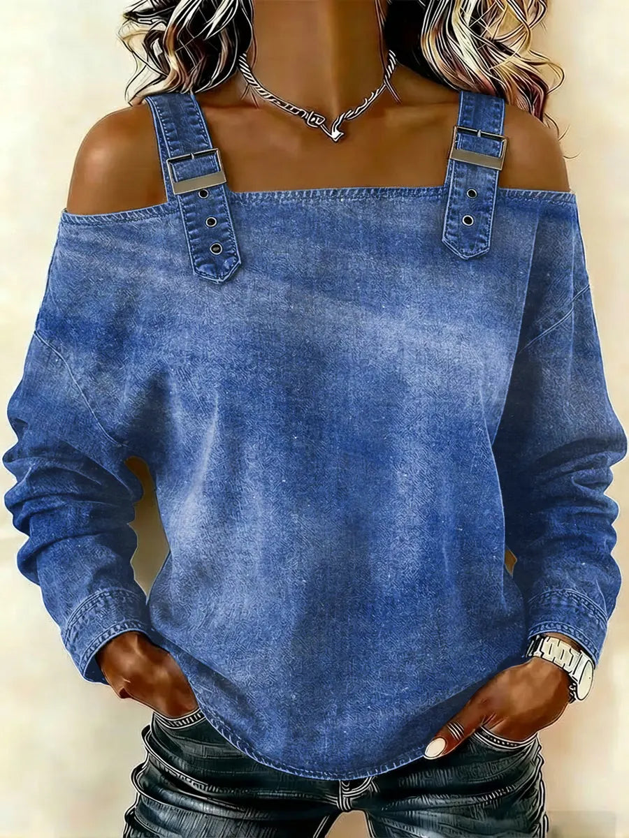 Women‘s Vintage Art Print Casual Cotton Denim Shirt