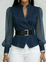 Elegant, Slim-fitting Denim Top With Organza Sleeves.