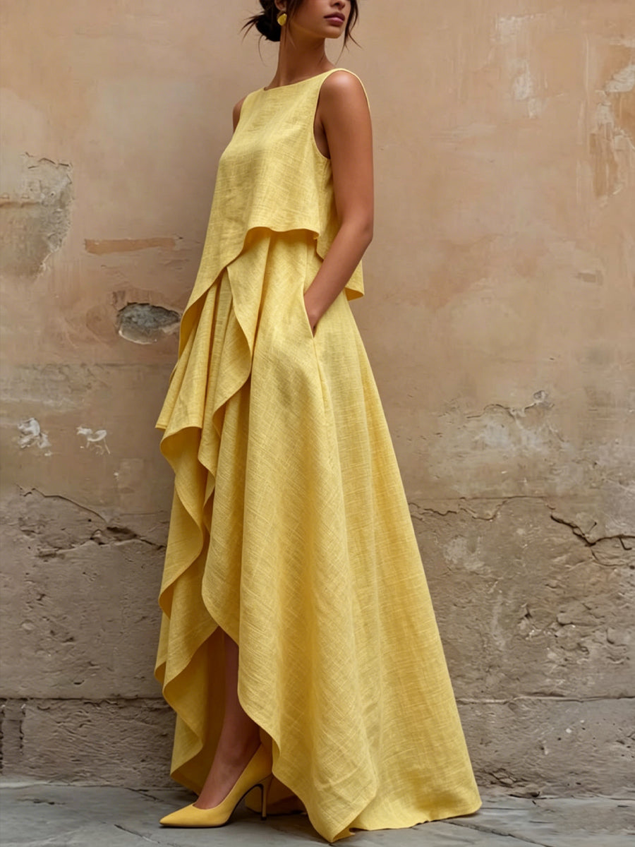 Women's Sleeveless Cotton-linen Dress With Irregular Cut Design