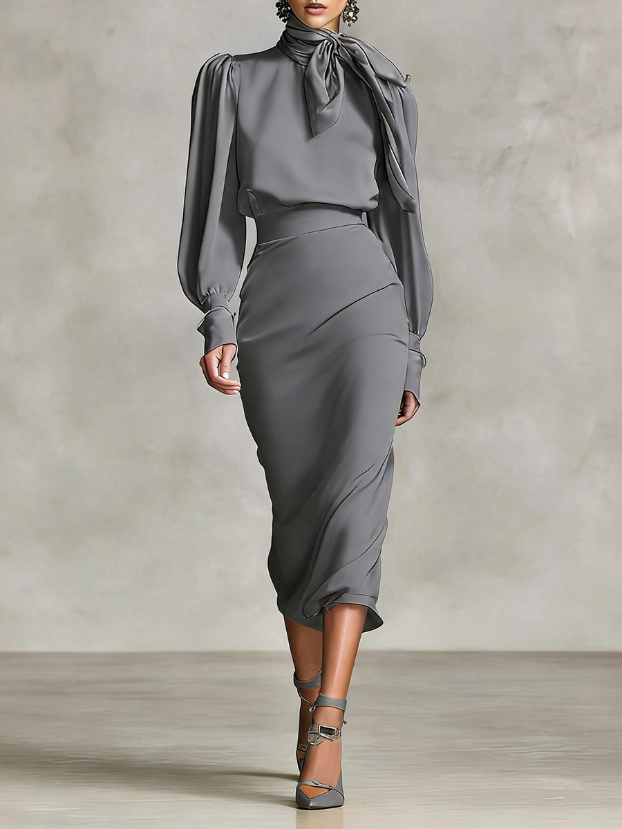 Women's Retro-style Tie-waist Long-sleeved Stand Collar Comfortable Minimalist Dress