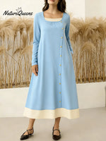 Women's Round Neck Long-sleeved Casual Loose Color-blocked Dress