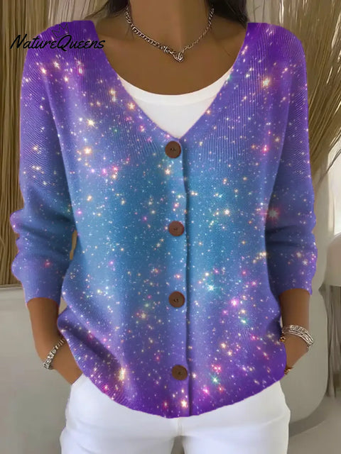 Gradient Colorful Art Print Buttoned V-neck Cardigan Sweater