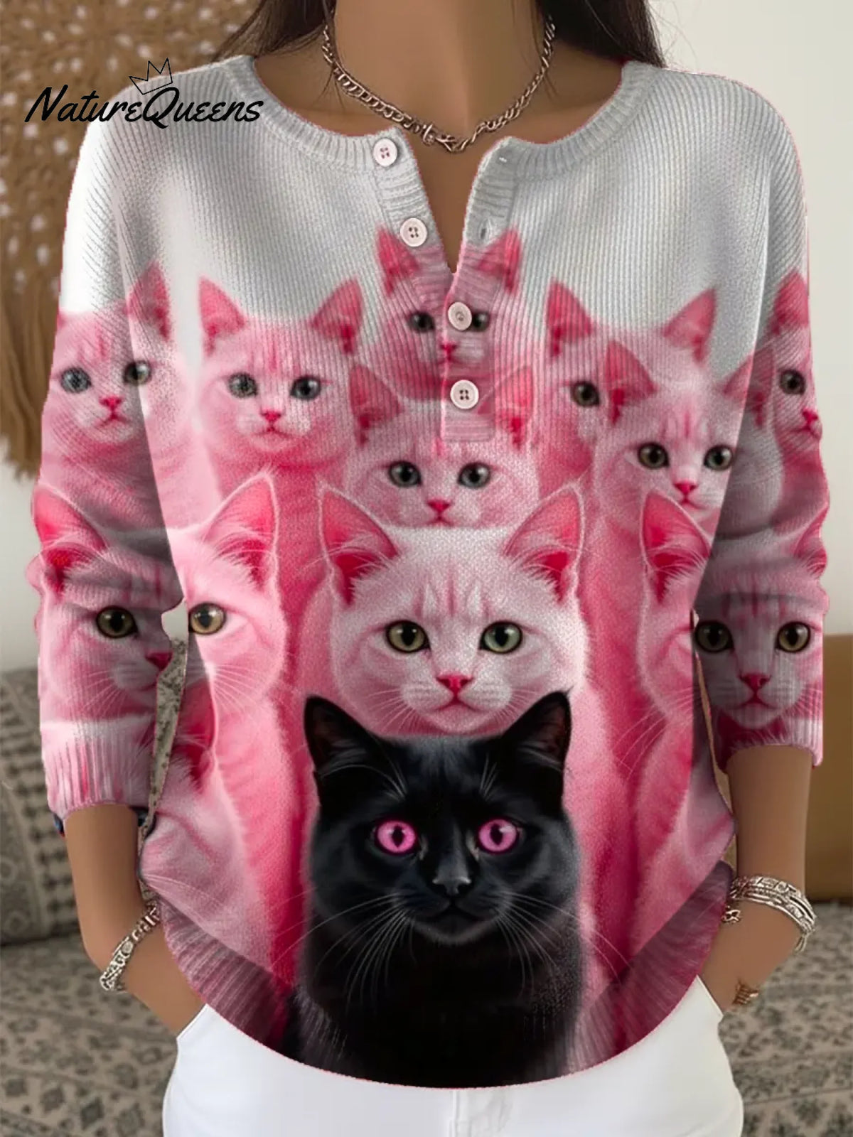 Women's Funny Cats Pattern Art Print Casual Cardigan Sweater