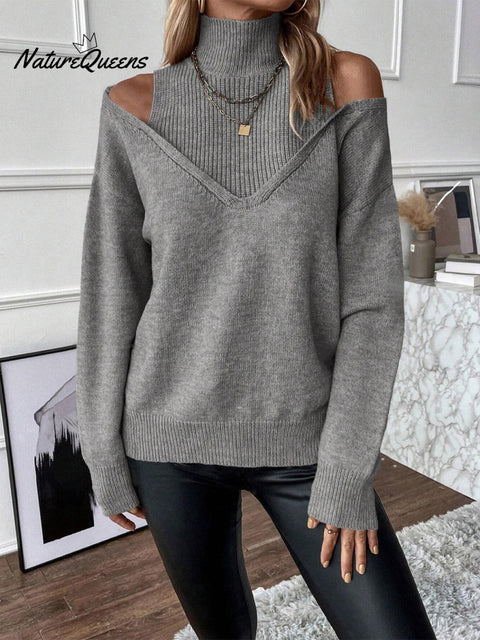 Women's Solid Color Casual Off-shoulder Turtleneck Knit Long-sleeved Sweater