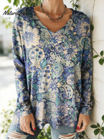 Women's Floral Pattern Art Print V-neck Casual Cotton T-shirt