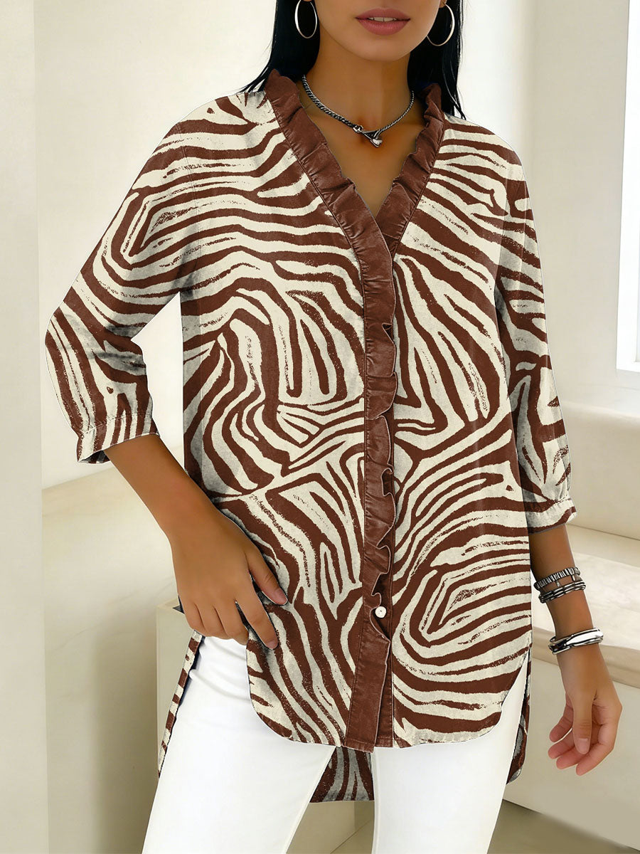 Zebra Stripe Decorative Pattern Women's Casual V Collar Cotton Shirt