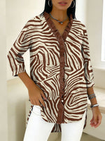Zebra Stripe Decorative Pattern Women's Casual V Collar Cotton Shirt