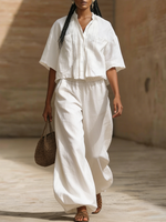 Casual Pleated Shirt & Wide-leg Pants Cotton Linen Two-piece Set