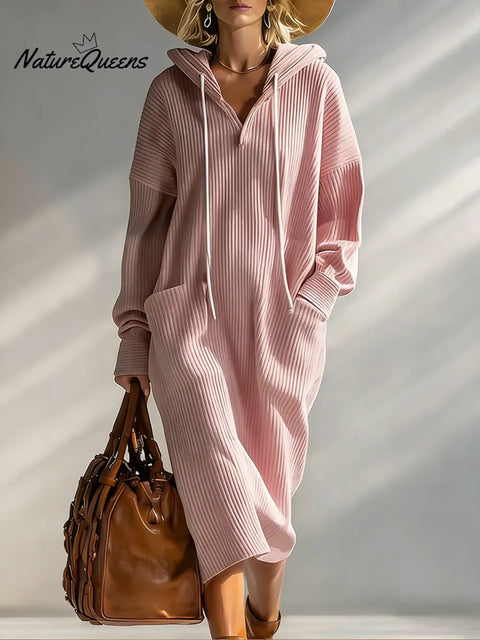 Women's Solid Color Long-sleeved Casual Loose Hooded Knit Dress