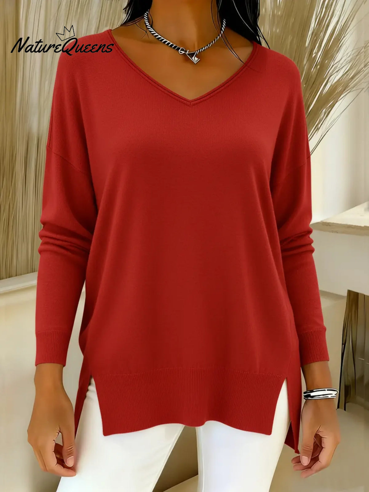 Women's Casual Patchwork Satin V-neck Sweater
