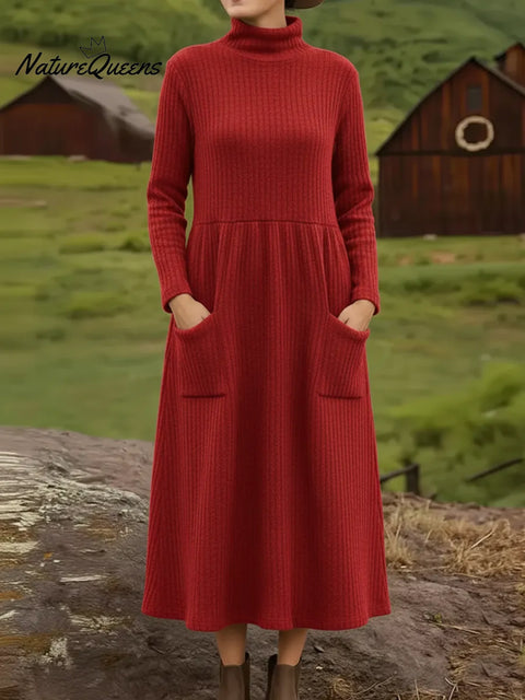 Retro Casual Turtleneck Pocket Knit Midi Dress