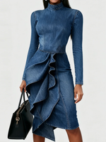 Elegant Multi-layered Ruffle Hem Denim Dress