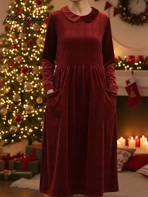 Retro Peter Pan Collar Velvet Pocket Midi Dress