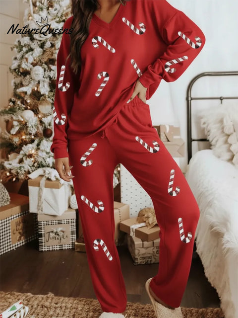 Cozy Christmas Candy Print V-neck Top And Pants Two-piece Set