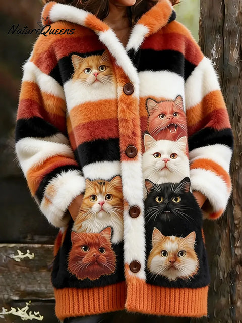 Women's Funny Cats Pattern Art Print Casual Fleece Coat