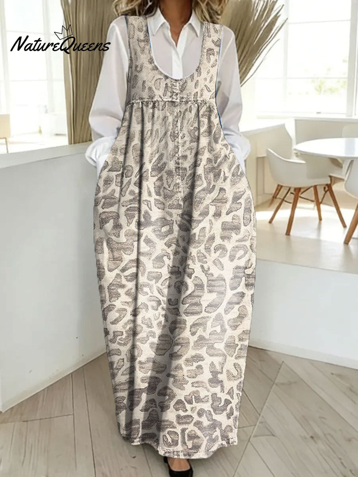 Women's Retro Splicing Colorful Flowers Pattern Art Print Casual Cotton Denim Dress