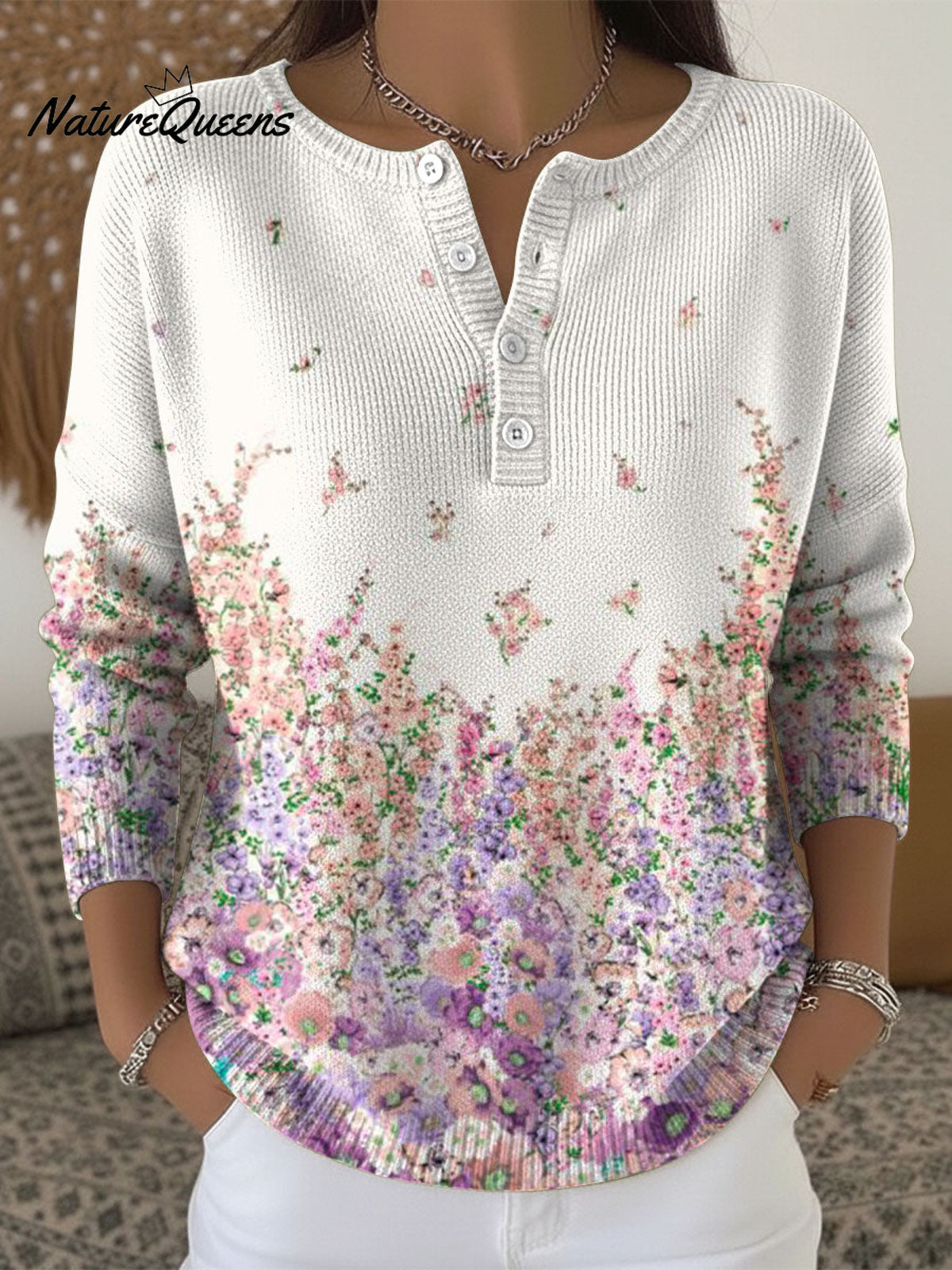 Women's Retro Floral Flowers Pattern Art Print Buttoned Cardigan Sweater