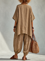 Cotton-linen V-neck Batwing-sleeve Top + Tapered Harem Pants Set