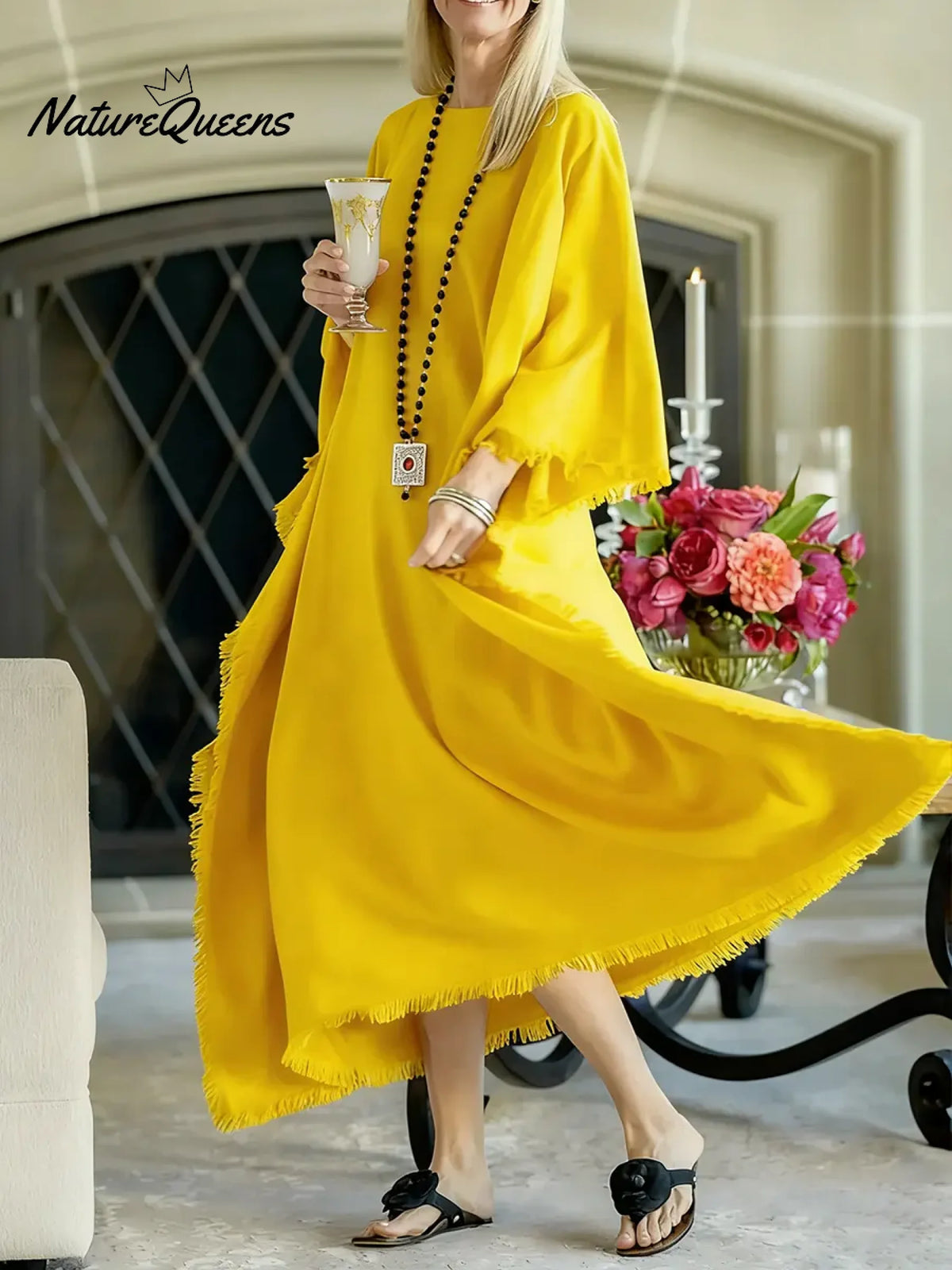 Women's Solid Color Round Neck Long-sleeved Casual Loose Cotton And Linen Dress