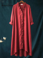 Vintage Casual Lace-trimmed V-neck Linen Dress