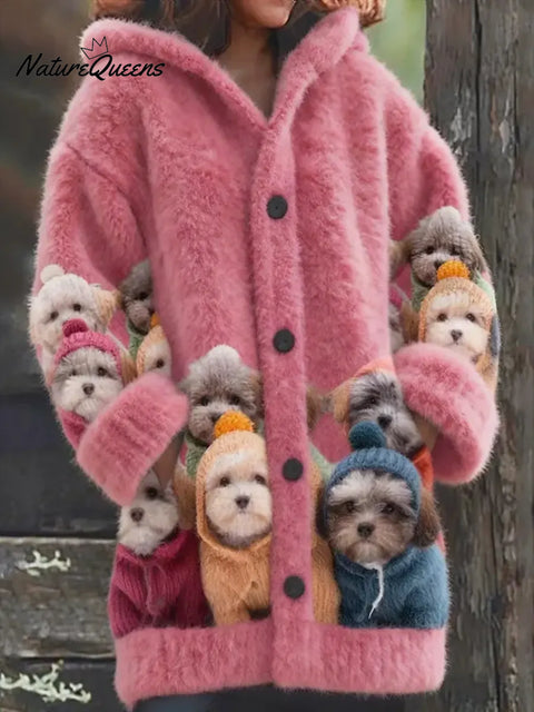Women's Funny Dogs Pattern Art Print Casual Fleece Coat